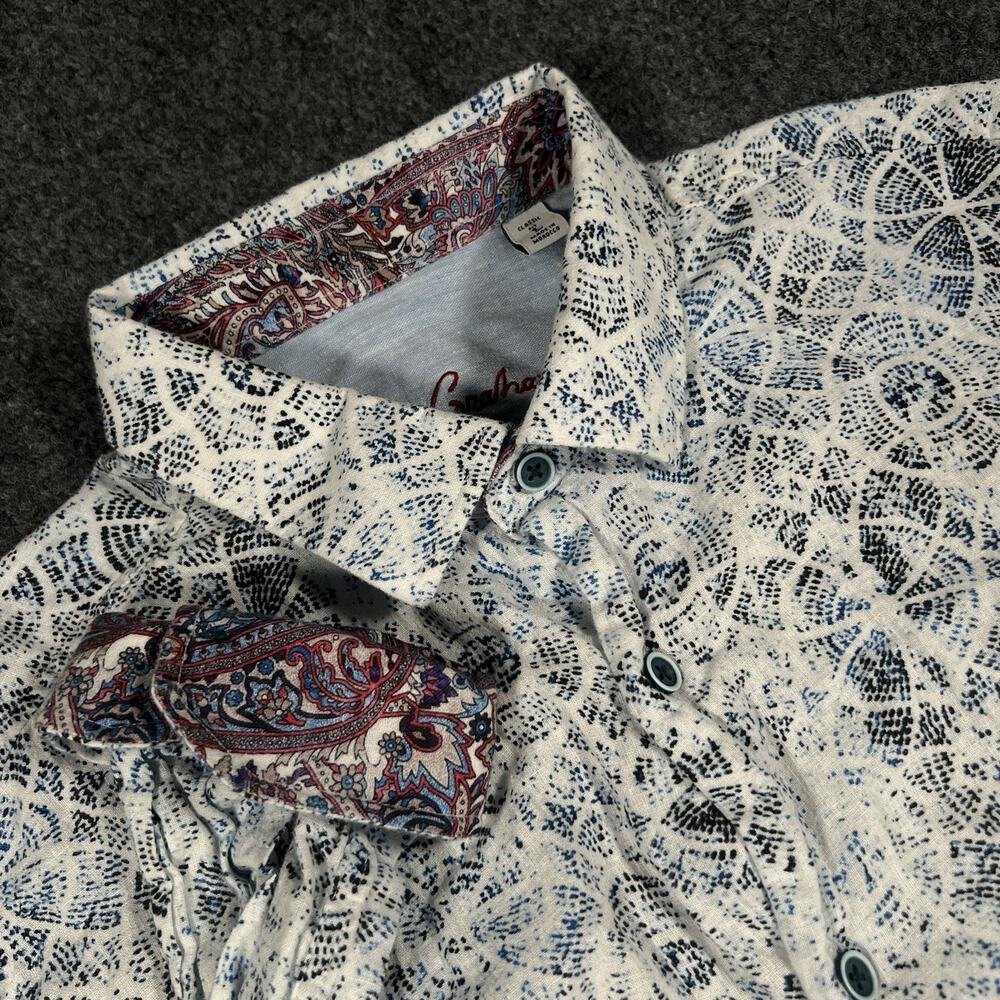 Robert Graham Linen Cotton Shirt Mens L Blue White Abstract Geometric Flip Cuff